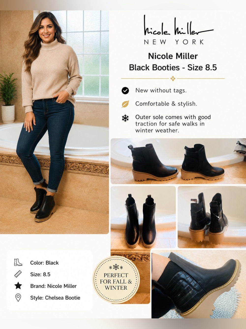 Nicole Miller Black Chelsea Booties with Lug Sole - 8.5